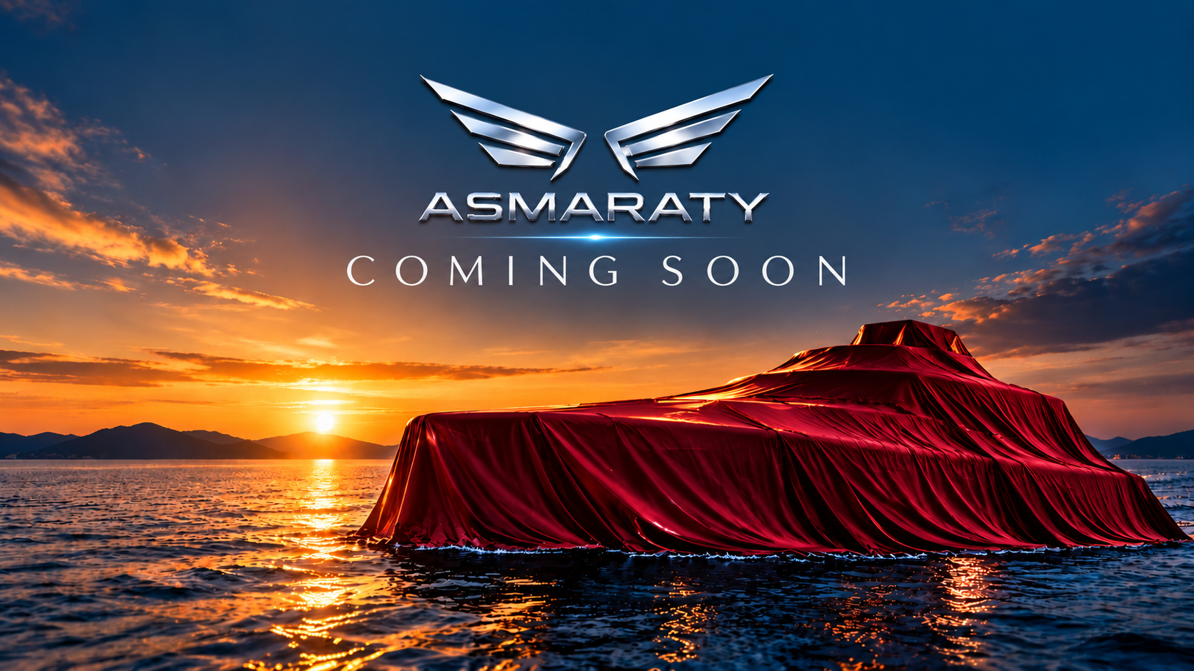 ASMARATY Coming Soon — yacht covered in red cloth at sunset